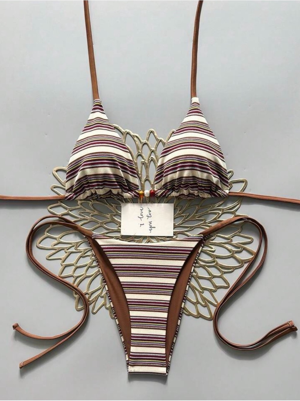 Striped Triangle Bikini Set in Cream, Brown and Burgundy